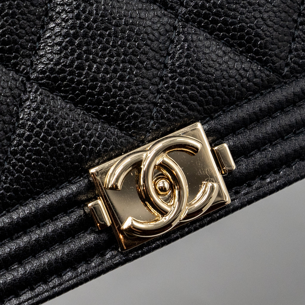 CHANEL BOY WALLET ON CHAIN CAVIAR BLACK LGHW (MICROCHIP)