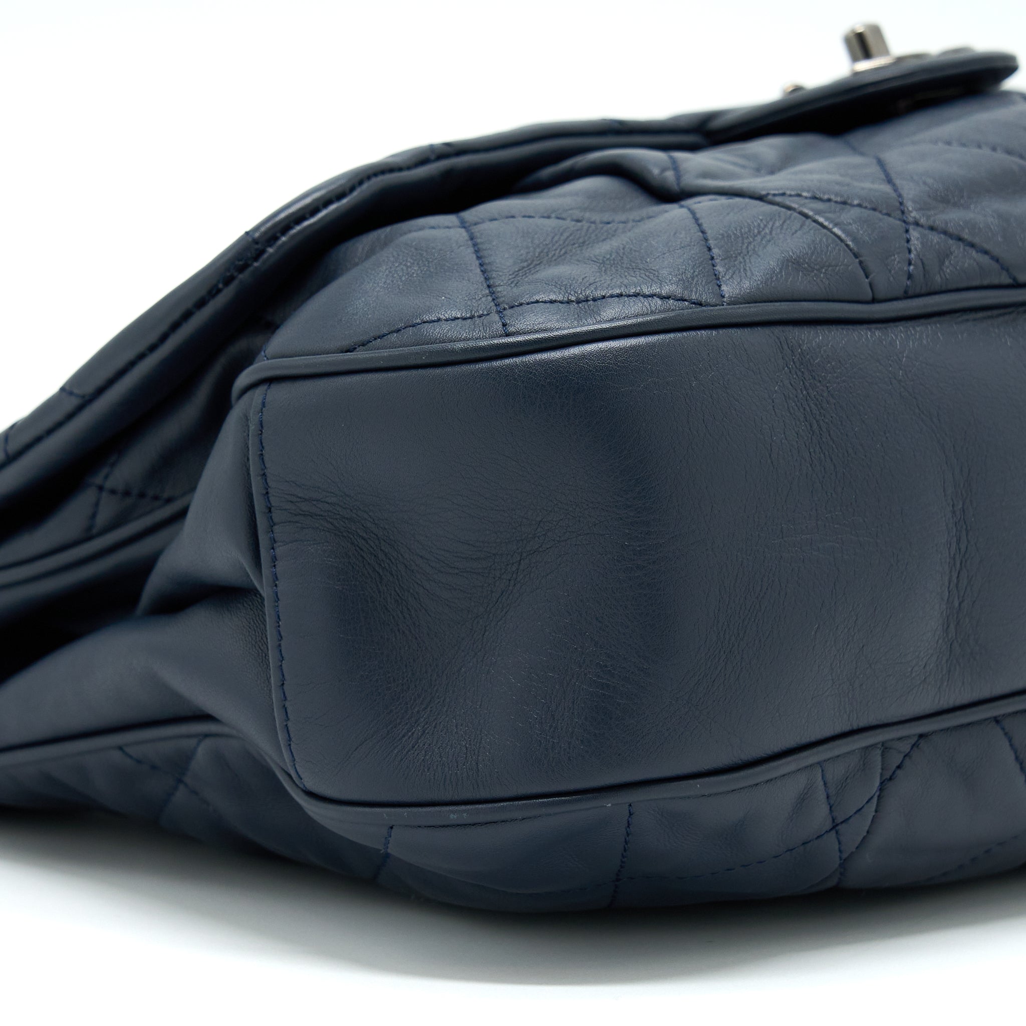 CHANEL FLAP HOBO BAG CALFSKIN NAVY WITH RUTHENIUM SLIVER HARDWARE