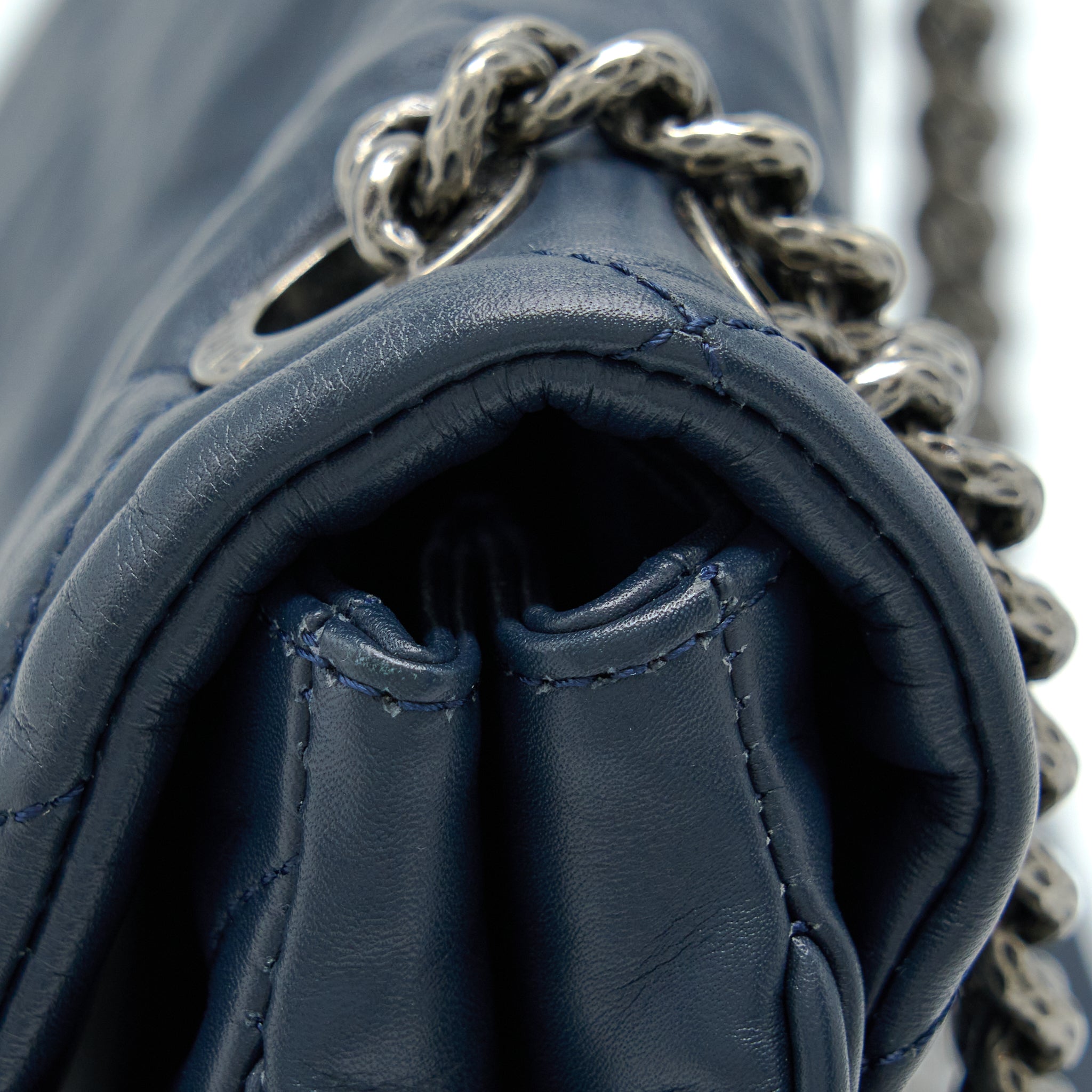 CHANEL FLAP HOBO BAG CALFSKIN NAVY WITH RUTHENIUM SLIVER HARDWARE
