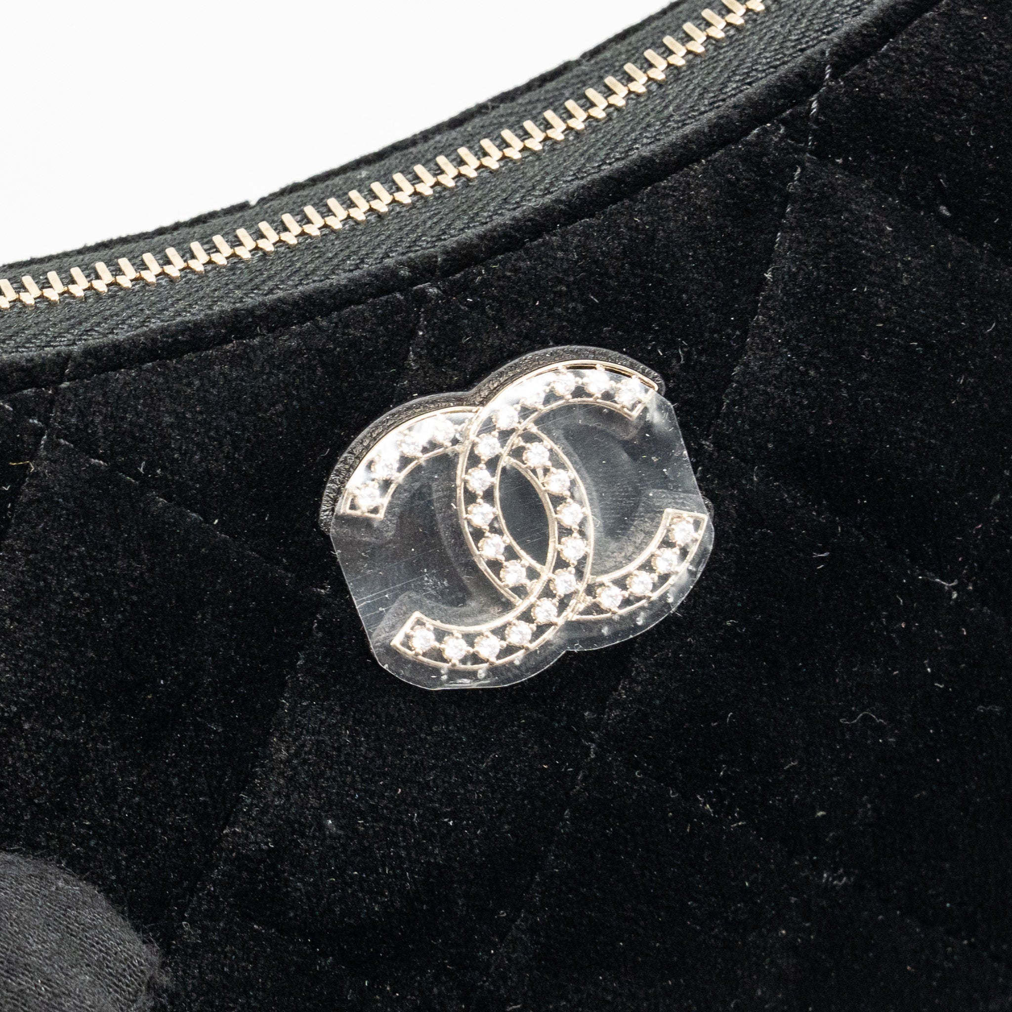 CHANEL QUILTED CRYSTAL MINI HOBO CROSSBODY BAG VELVET BLACK LGHW (MICROCHIP)