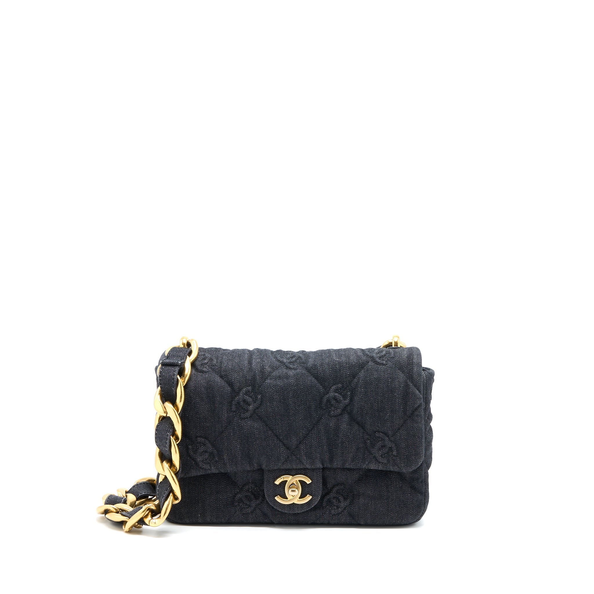 CHANEL FLAP SHOULDER BAG WITH GIANT CHAIN DENIM DARK BLUE BRUSHED GHW (MICROCHIP)