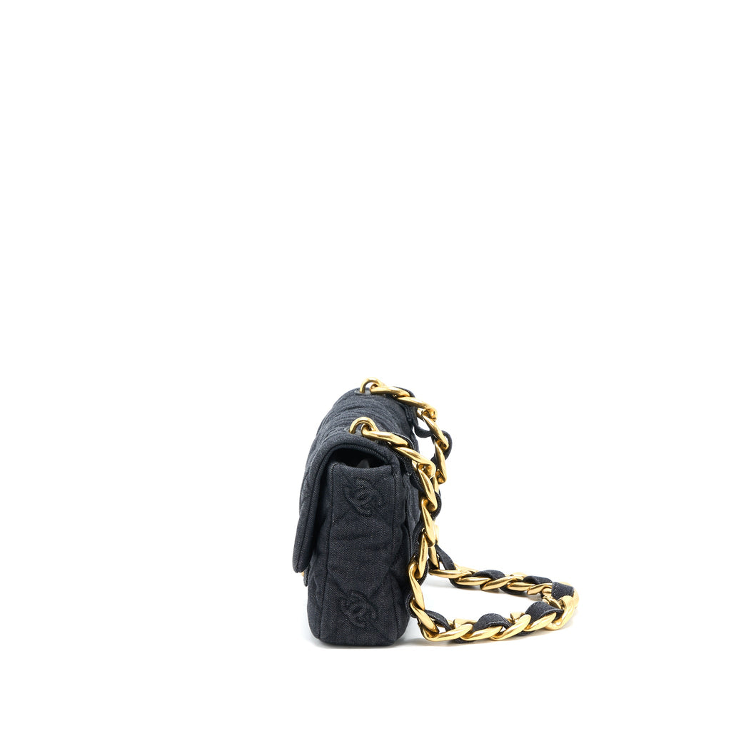 CHANEL FLAP SHOULDER BAG WITH GIANT CHAIN DENIM DARK BLUE BRUSHED GHW (MICROCHIP)