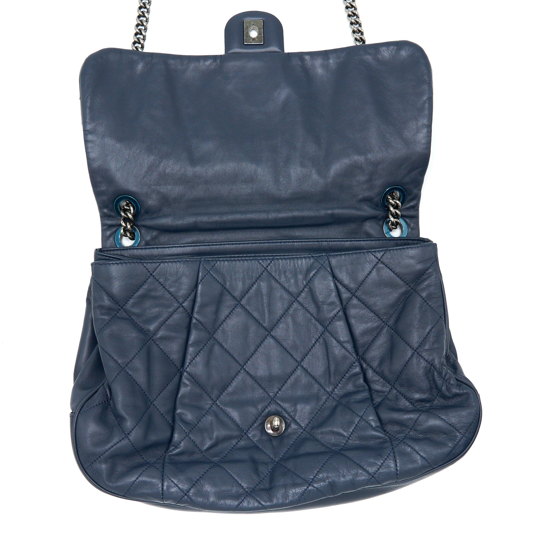 CHANEL FLAP HOBO BAG CALFSKIN NAVY WITH RUTHENIUM SLIVER HARDWARE