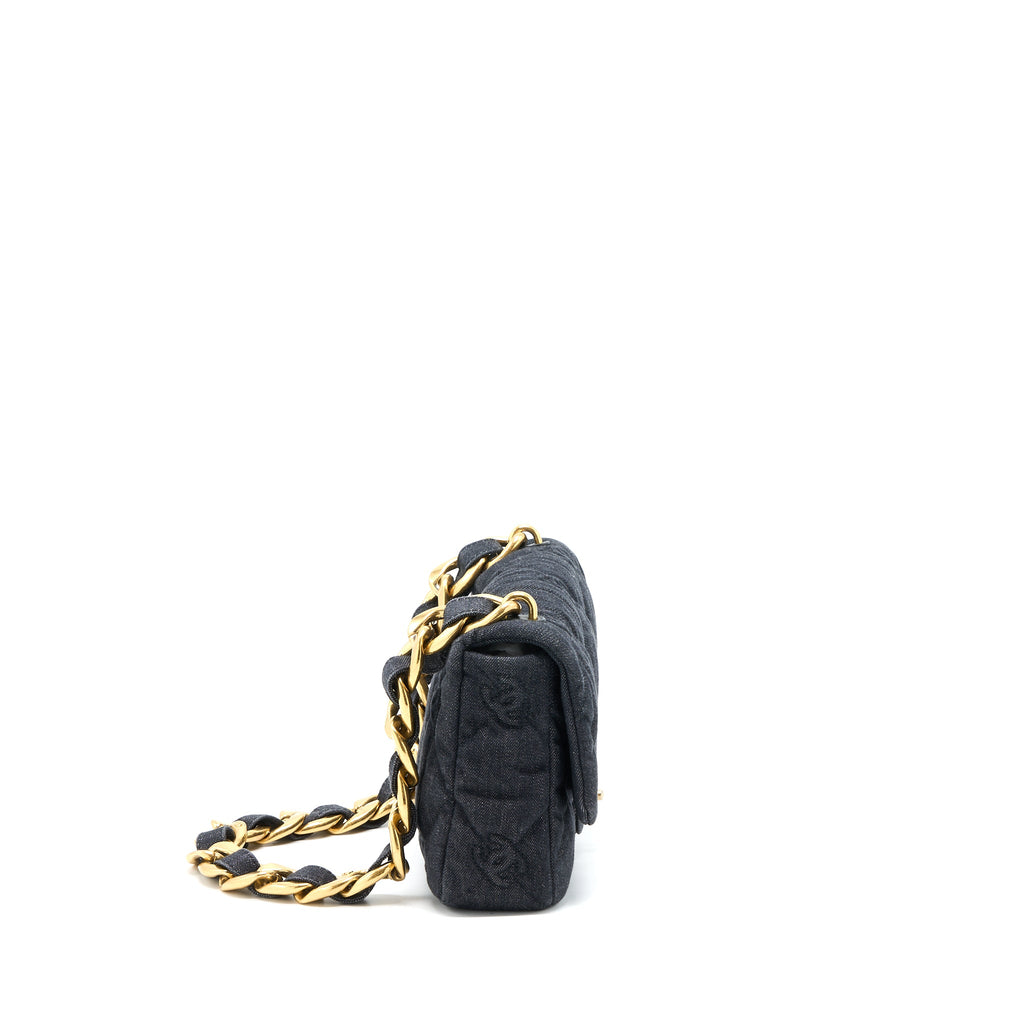 CHANEL FLAP SHOULDER BAG WITH GIANT CHAIN DENIM DARK BLUE BRUSHED GHW (MICROCHIP)
