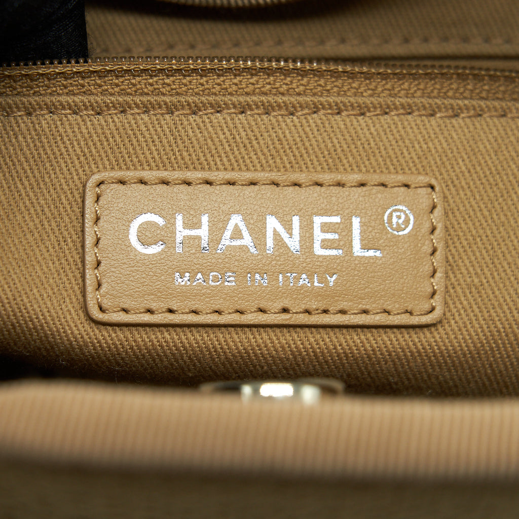 CHANEL DEAUVILLE PM CHAIN TOTE BAG CANVAS DARK BEIGE SHW (MICROCHIP)