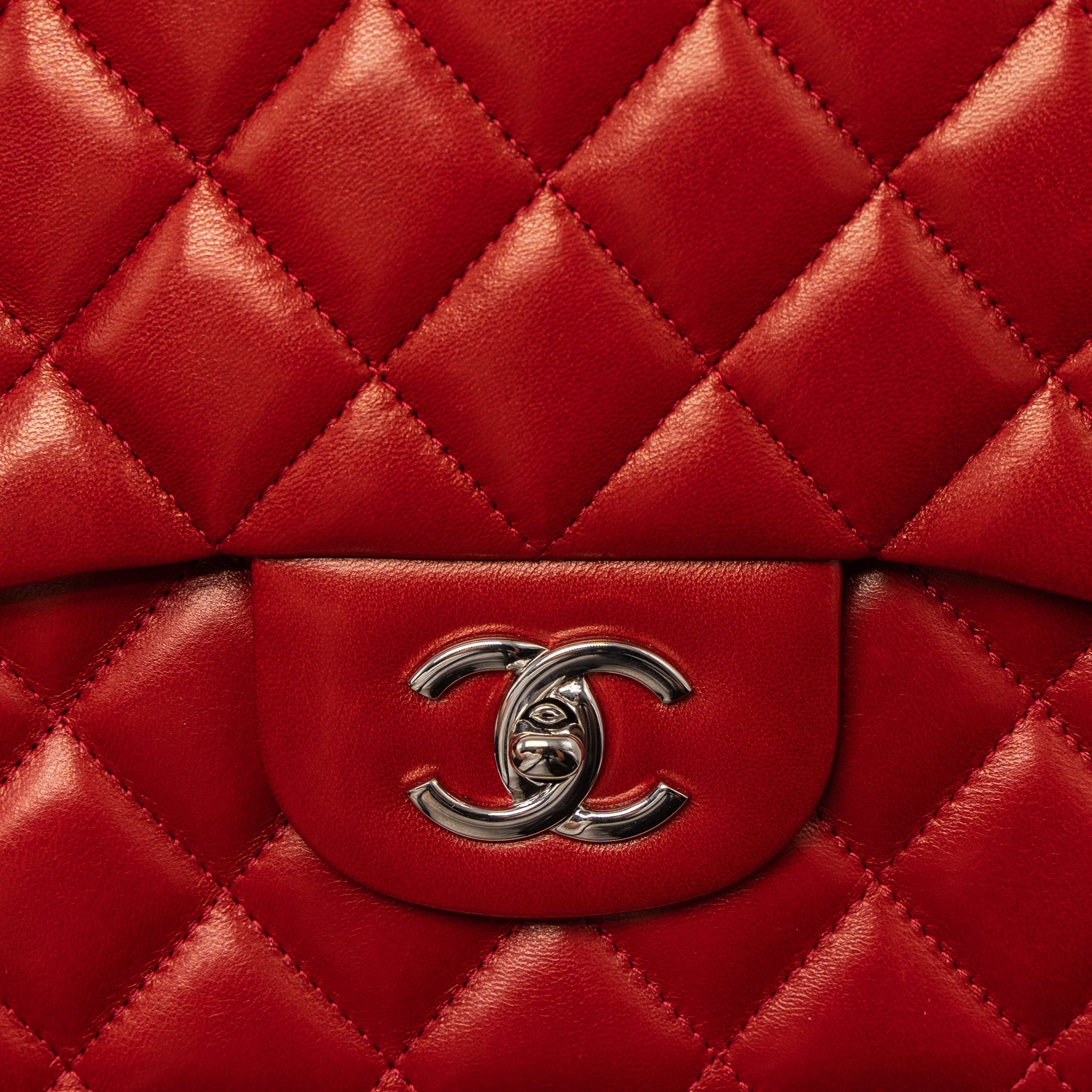 CHANEL JUMBO CLASSIC SINGLE FLAP BAG LAMBSKIN RED SHW