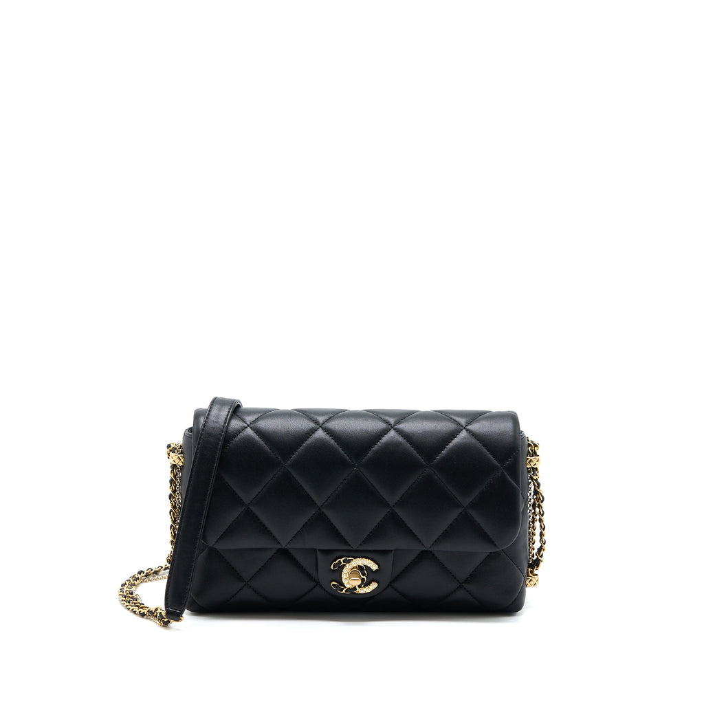 CHANEL QUILTED DETAILED LOGO FLAP BAG LAMBSKIN BLACK GHW (MICROCHIP)