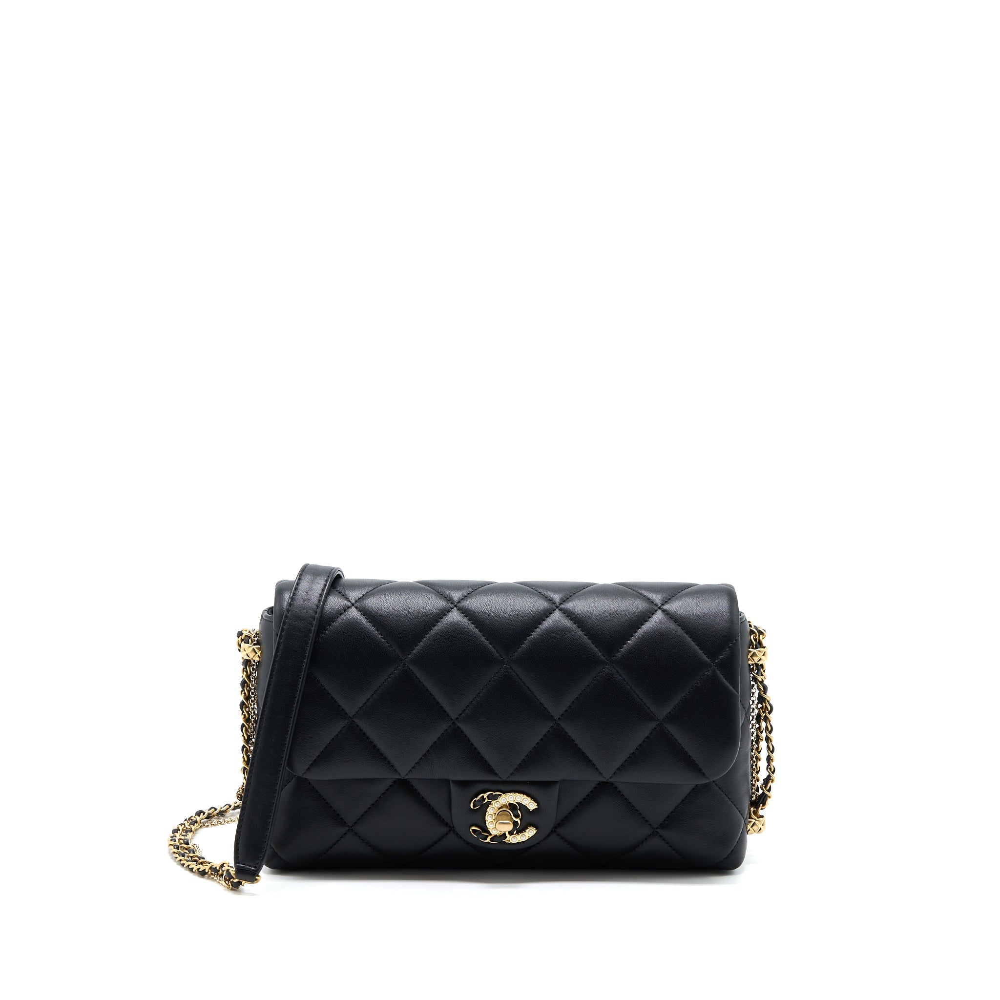 CHANEL QUILTED DETAILED LOGO FLAP BAG LAMBSKIN BLACK GHW (MICROCHIP)