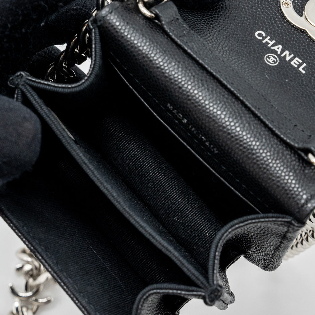 CHANEL MINI FLAP BAG WITH COCO ENAMEL CHAIN CAVIAR BLACK SHW