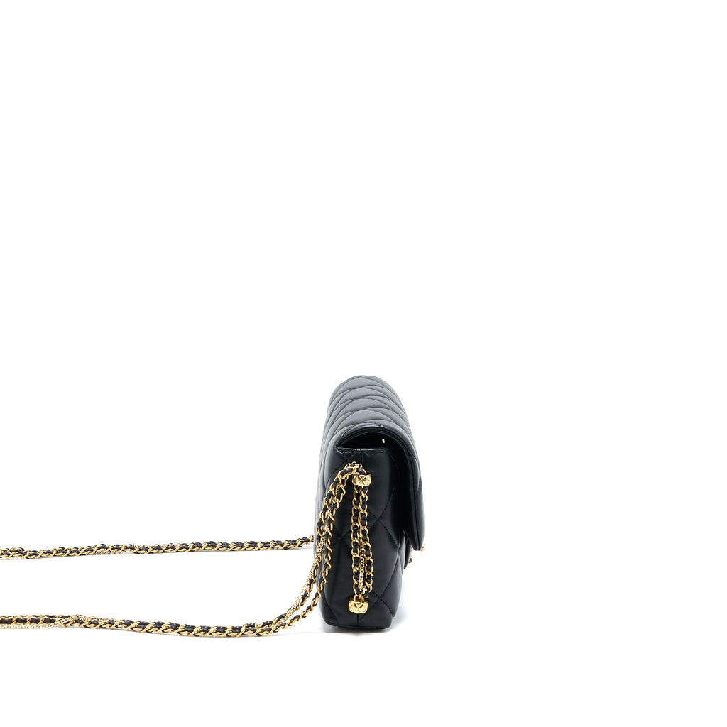 CHANEL QUILTED DETAILED LOGO FLAP BAG LAMBSKIN BLACK GHW (MICROCHIP)