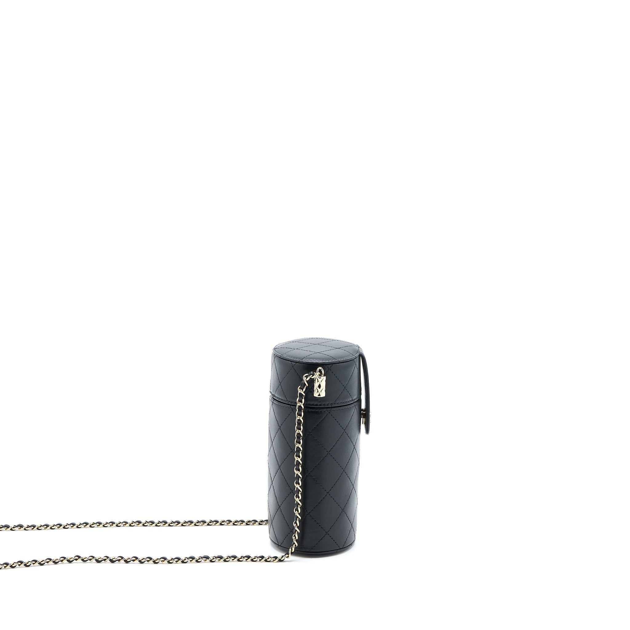 CHANEL ROUND VANITY CASE WITH CHAIN LAMBSKIN BLACK LGHW