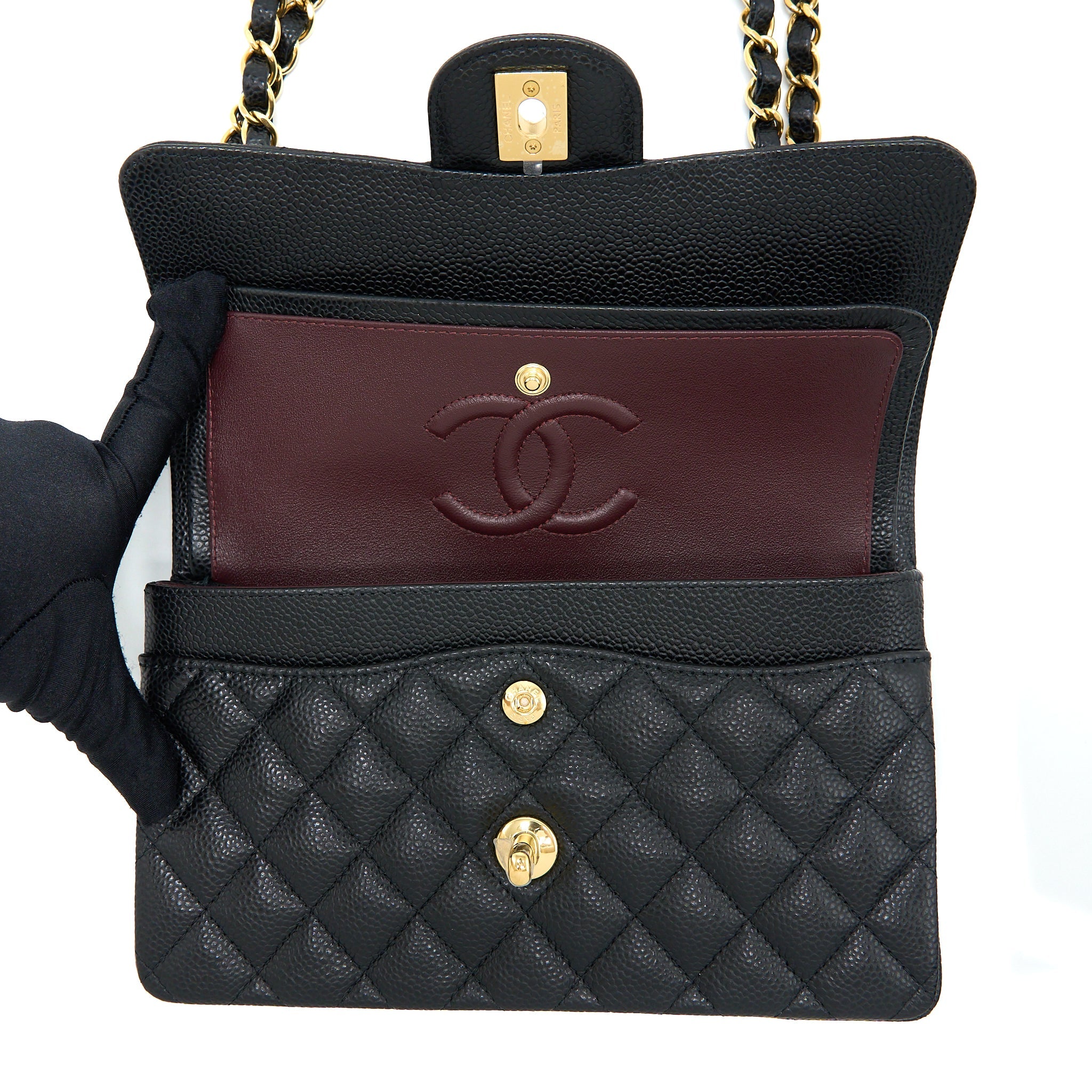 CHANEL SMALL CLASSIC DOUBLE FLAP BAG CAVIAR BLACK GHW (MICROCHIP)