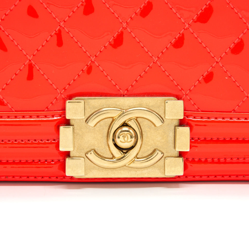 CHANEL SMALL BOY BAG PATENT LEATHER BRIGHT ORANGE GHW