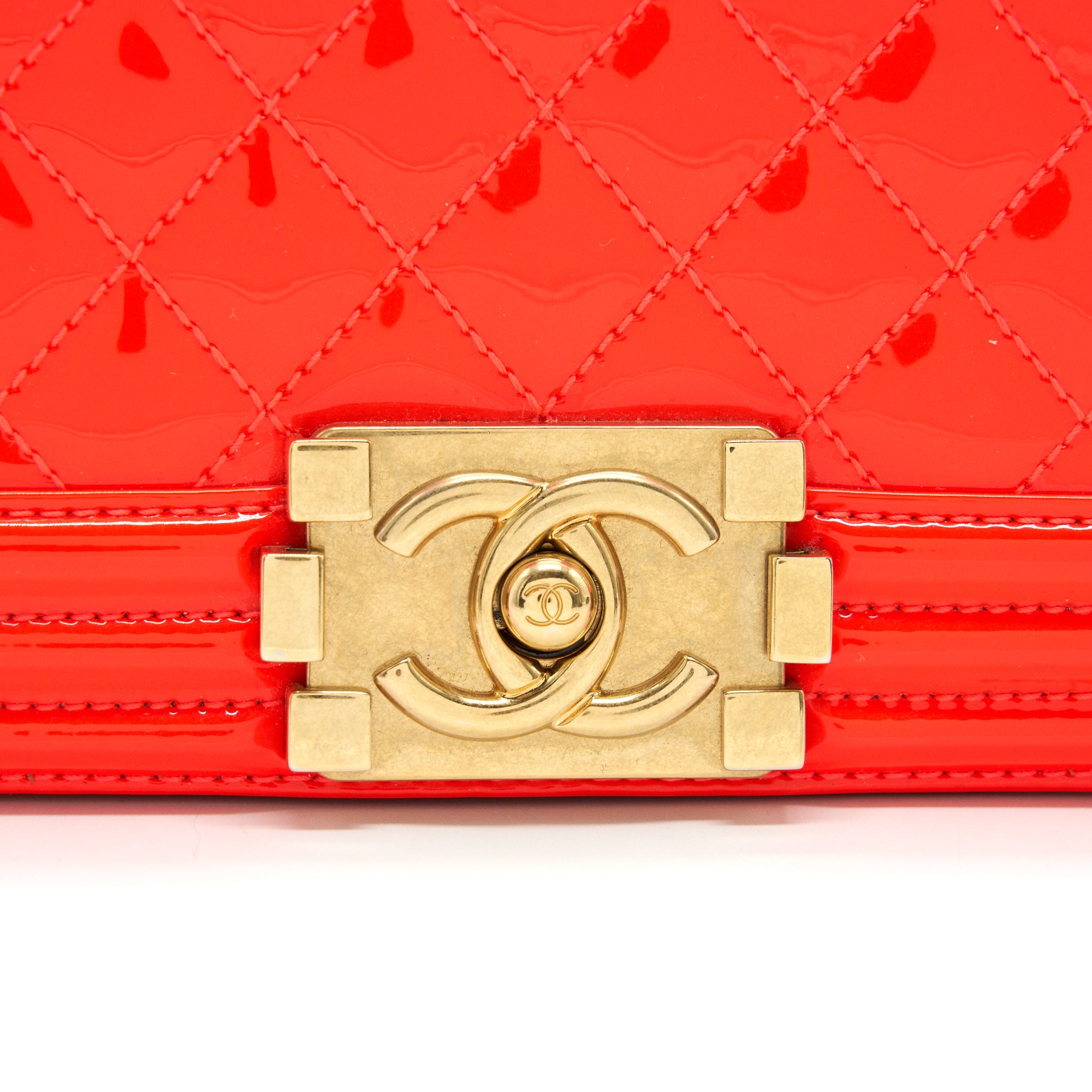 CHANEL SMALL BOY BAG PATENT LEATHER BRIGHT ORANGE GHW