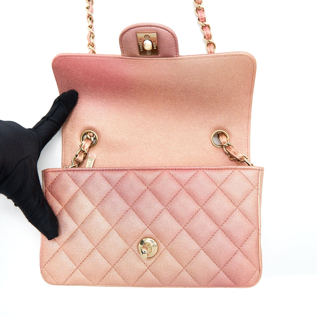 CHANEL 21S MINI RECTANGULAR FLAP BAG METALLIC GRAINED LAMBSKIN OMBRÉ ROSE GOLD LGHW