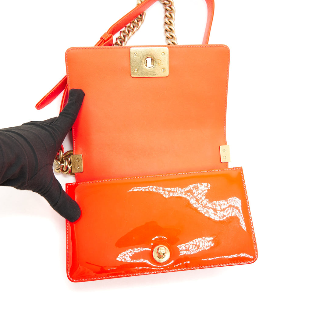 CHANEL SMALL BOY BAG PATENT LEATHER BRIGHT ORANGE GHW