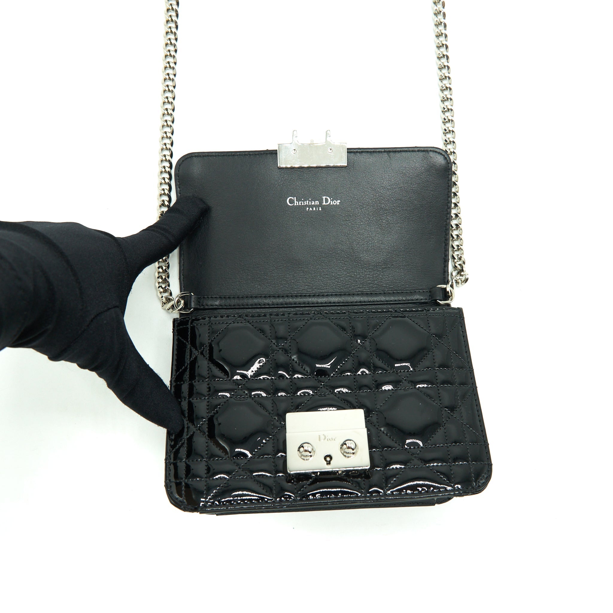 DIOR MINI MISS DIOR FLAP BAG PATENT BLACK SHW