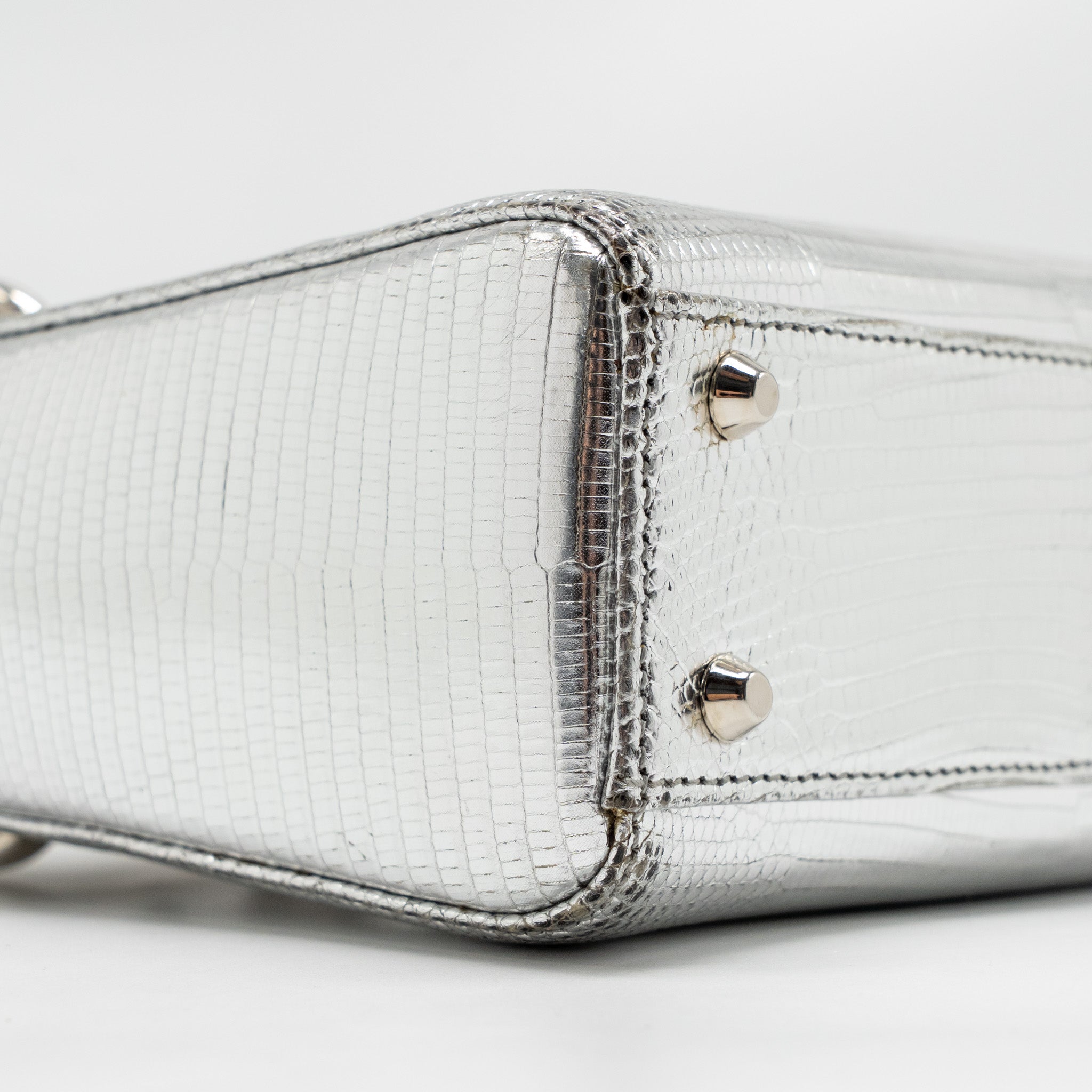 DIOR MINI LADY DIOR FLOWER STUDDED METAL HANDLE LIZARD SILVER SHW