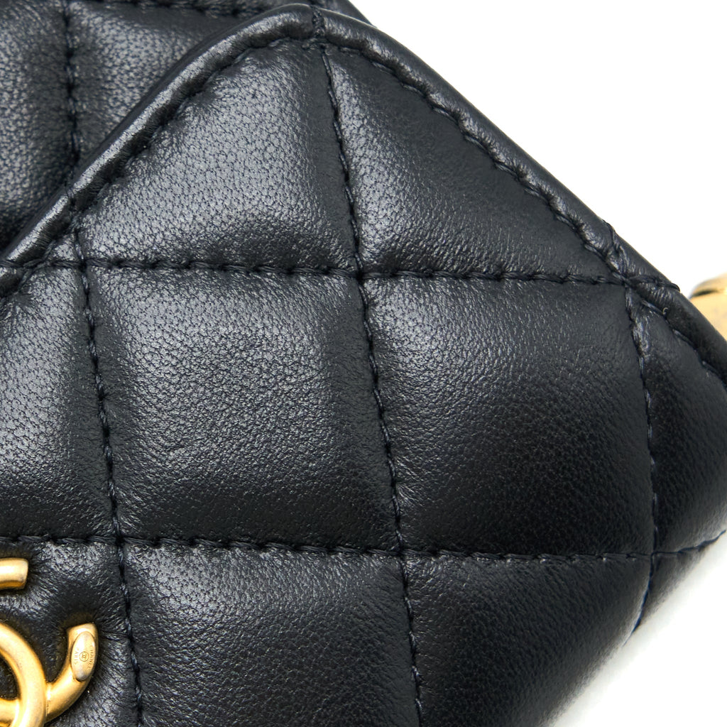 CHANEL PEARL CRUSH MINI FLAP BELT BAG WITH CHAIN LAMBSKIN BLACK BRUSHED GHW