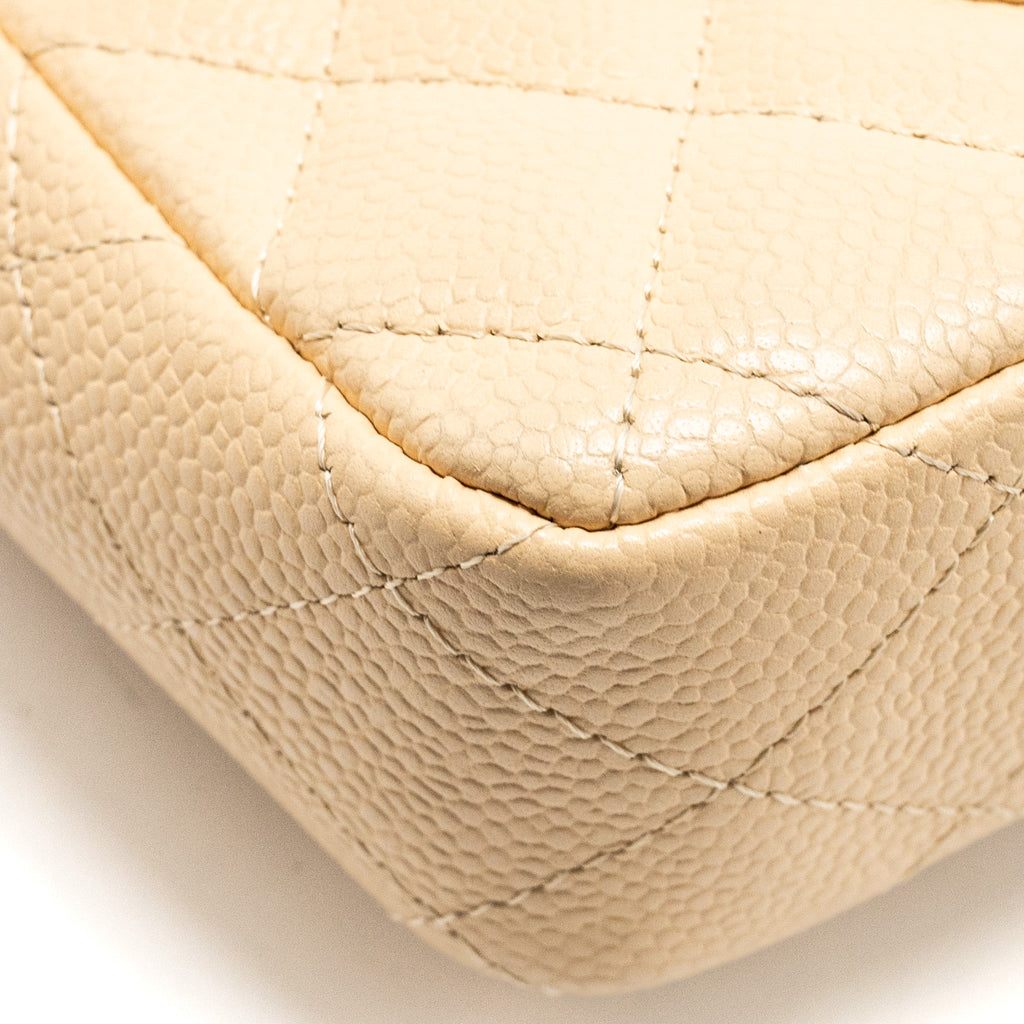 CHANEL EAST-WEST FLAP SHOULDER BAG CAVIAR BEIGE GHW