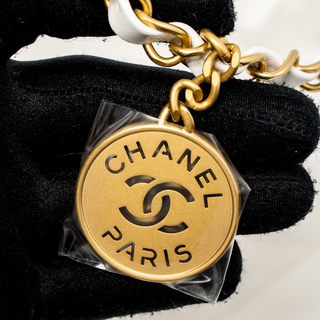 CHANEL SMALL 22 BAG BLACK LETTER SHINY CALFSKIN WHITE BRUSHED GHW (MICROCHIP)