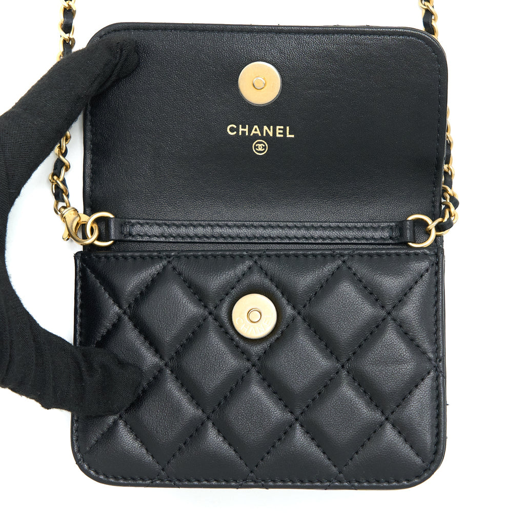 CHANEL PEARL CRUSH MINI FLAP BELT BAG WITH CHAIN LAMBSKIN BLACK BRUSHED GHW