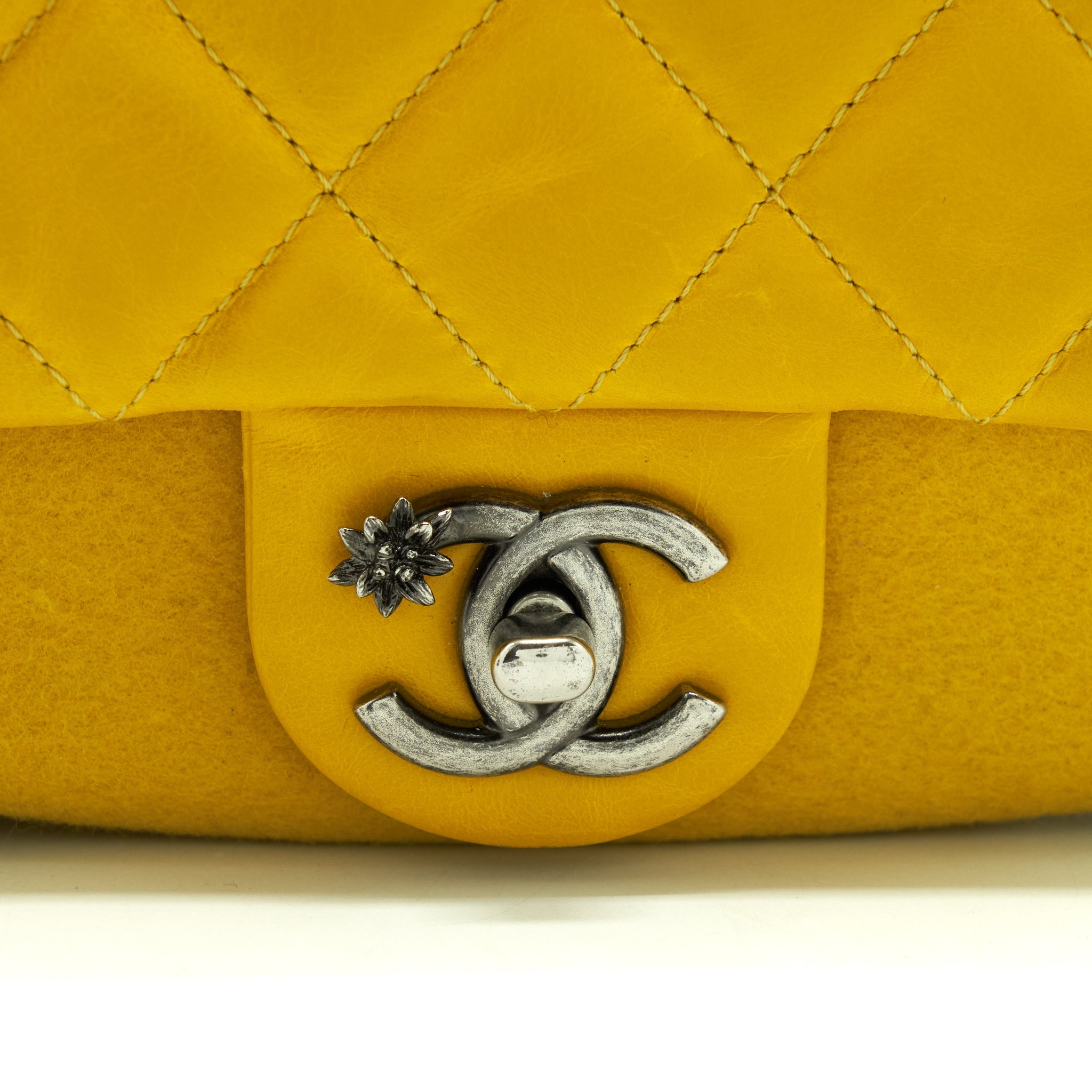 CHANEL SEASONAL LIMITED FLAP BAG LEATHER AND FABRIC YELLOW WITH RUTHENIUM HARDWARE