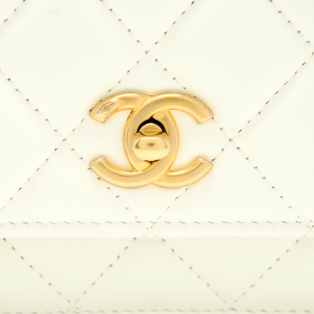 CHANEL PEARL CRUSH WALLET ON CHAIN LAMBSKIN WHITE BRUSHED GHW (MICROCHIP)