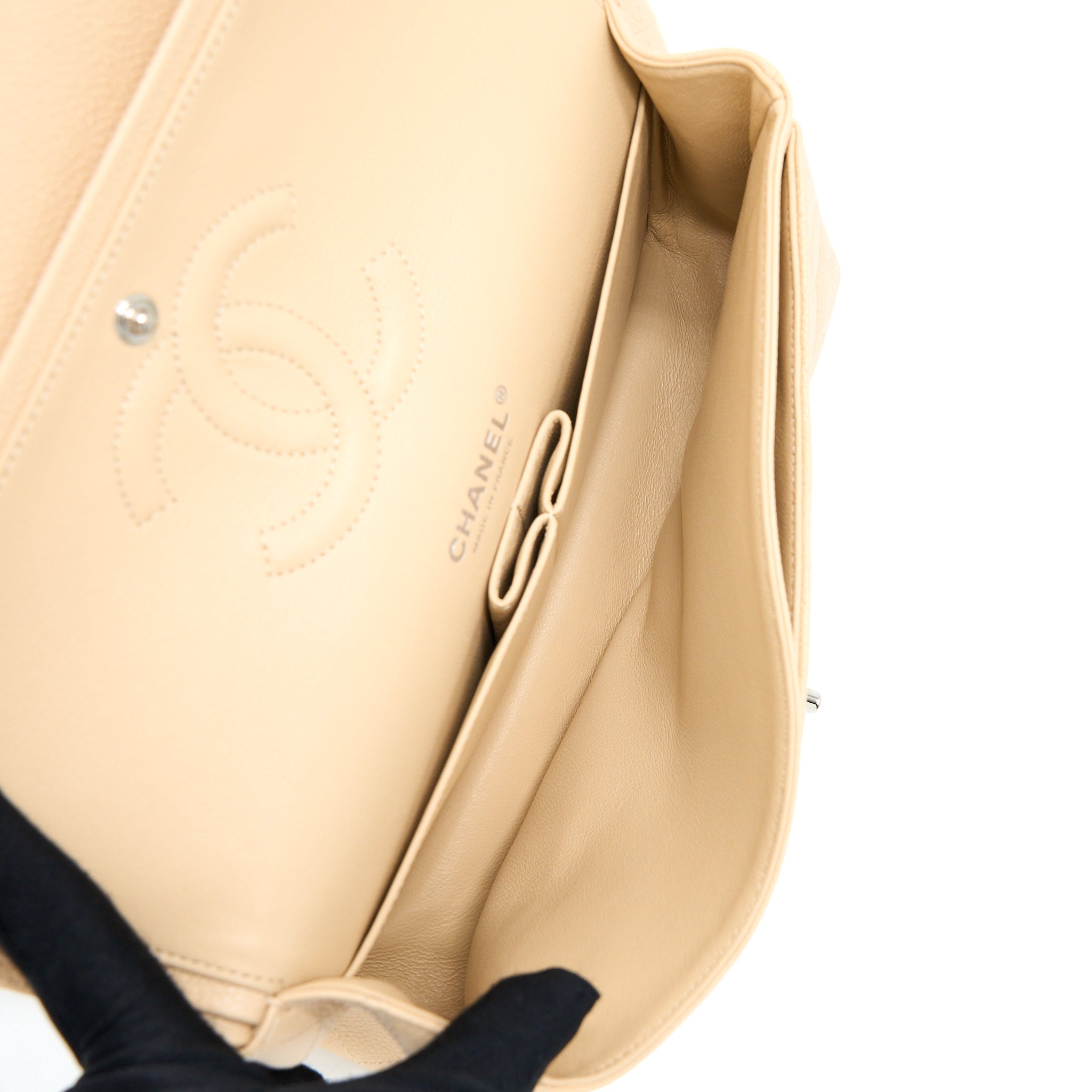 CHANEL CLASSIC DOUBLE FLAP BAG CAVIAR LIGHT BEIGE SHW