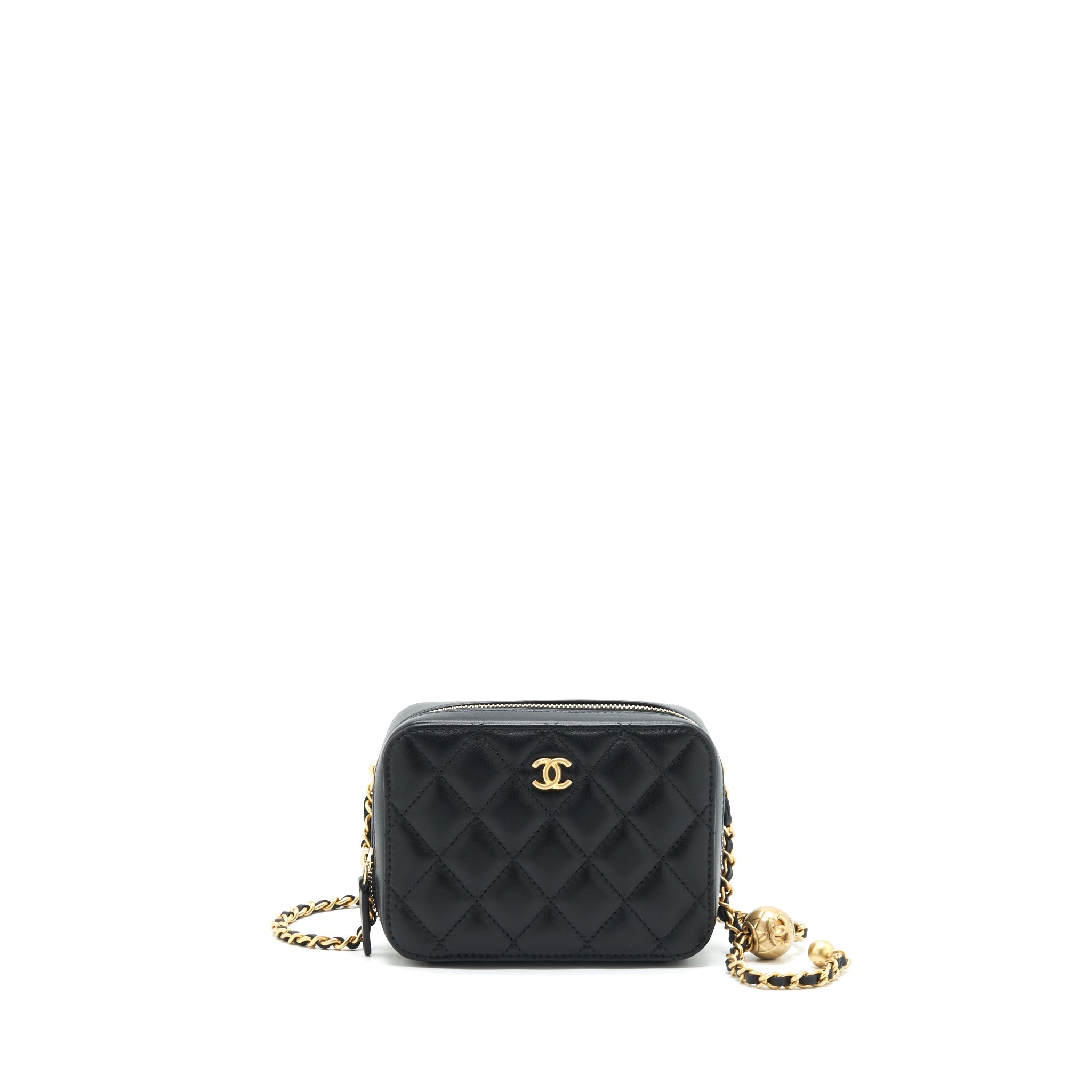 CHANEL 22C PEARL CRUSH MINI CAMERA CASE WITH CHAIN BLACK LAMBSKIN GHW