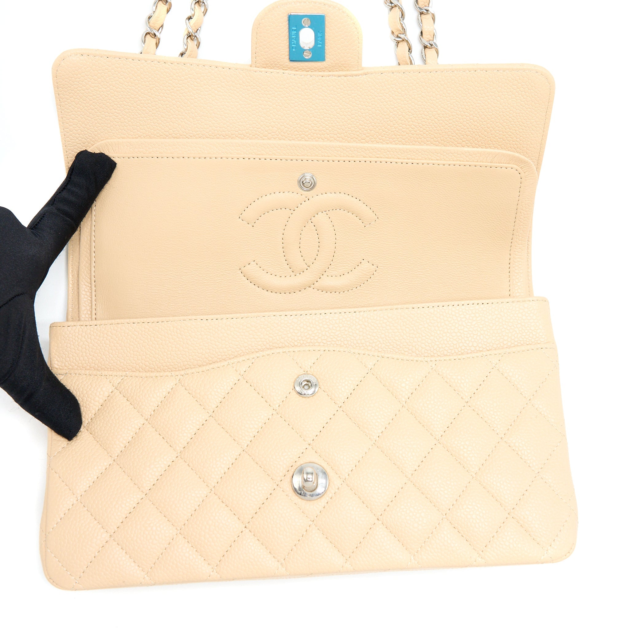 CHANEL CLASSIC DOUBLE FLAP BAG CAVIAR LIGHT BEIGE SHW