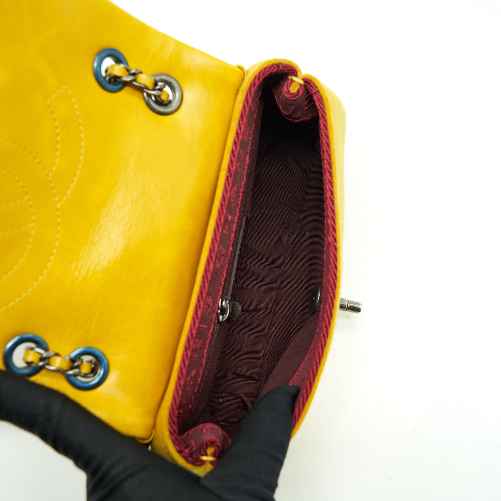 CHANEL SEASONAL LIMITED FLAP BAG LEATHER AND FABRIC YELLOW WITH RUTHENIUM HARDWARE