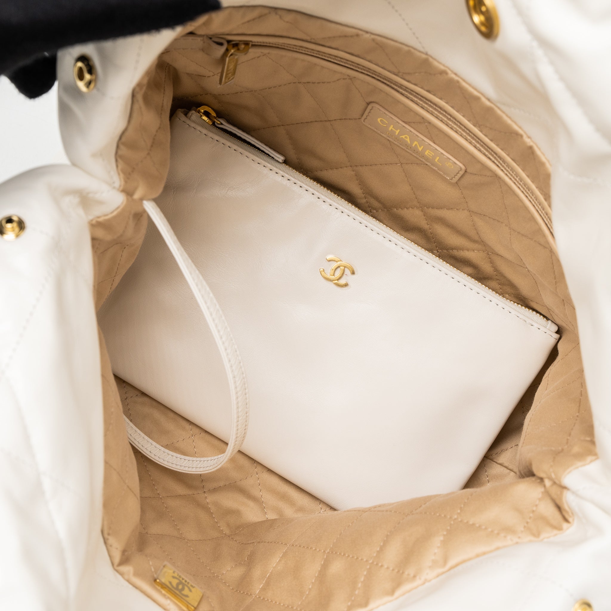 CHANEL SMALL 22 BAG BLACK LETTER SHINY CALFSKIN WHITE BRUSHED GHW (MICROCHIP)