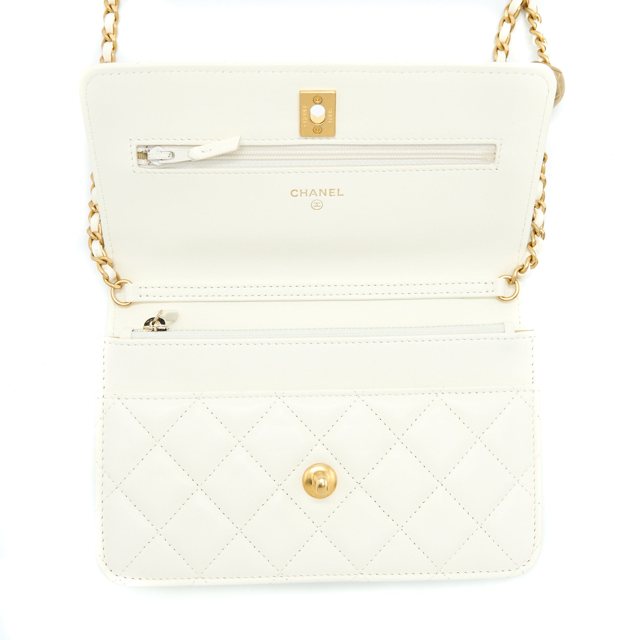 CHANEL PEARL CRUSH WALLET ON CHAIN LAMBSKIN WHITE BRUSHED GHW (MICROCHIP)
