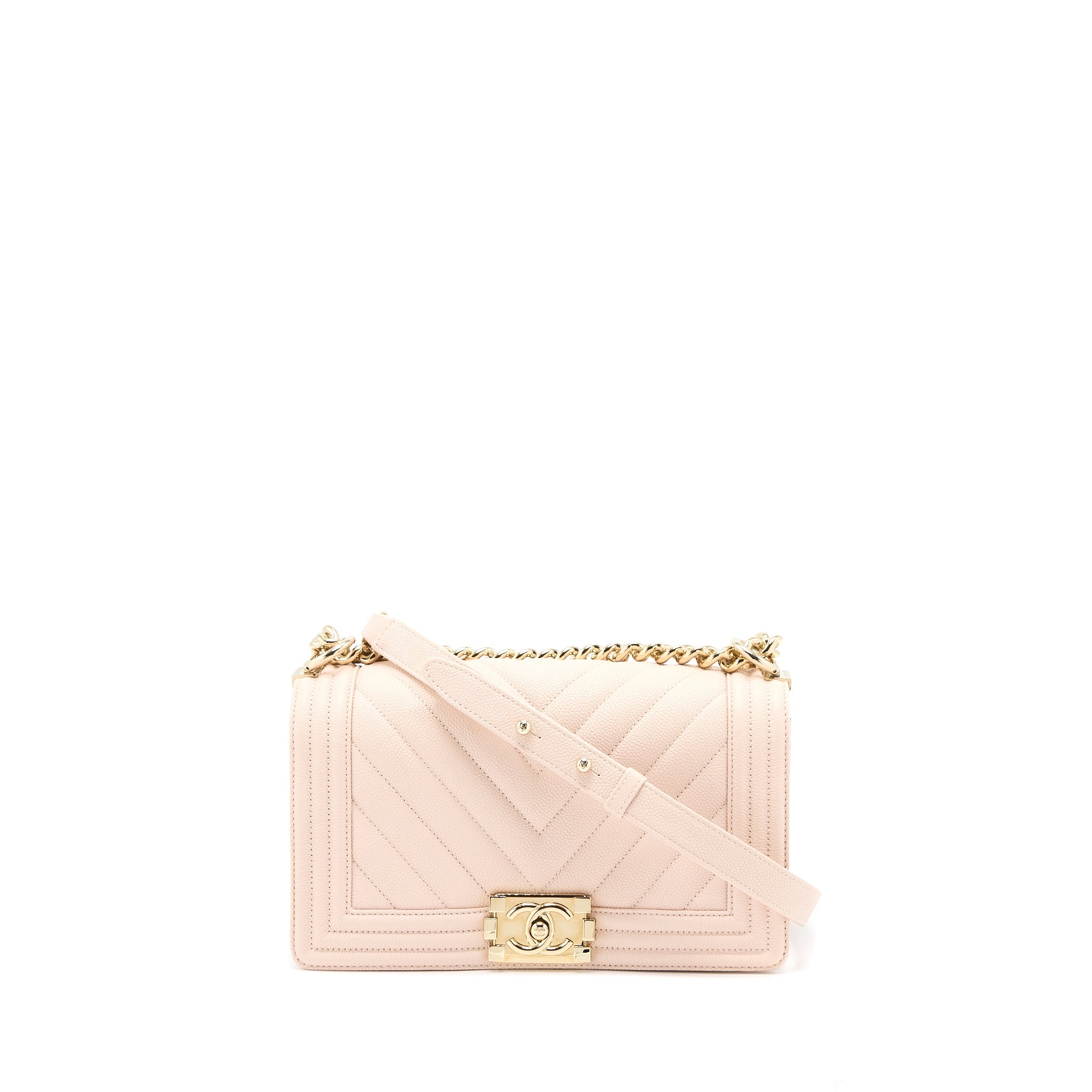 CHANEL MEDIUM BOY BAG CHEVRON CAVIAR LIGHT PINK LGHW