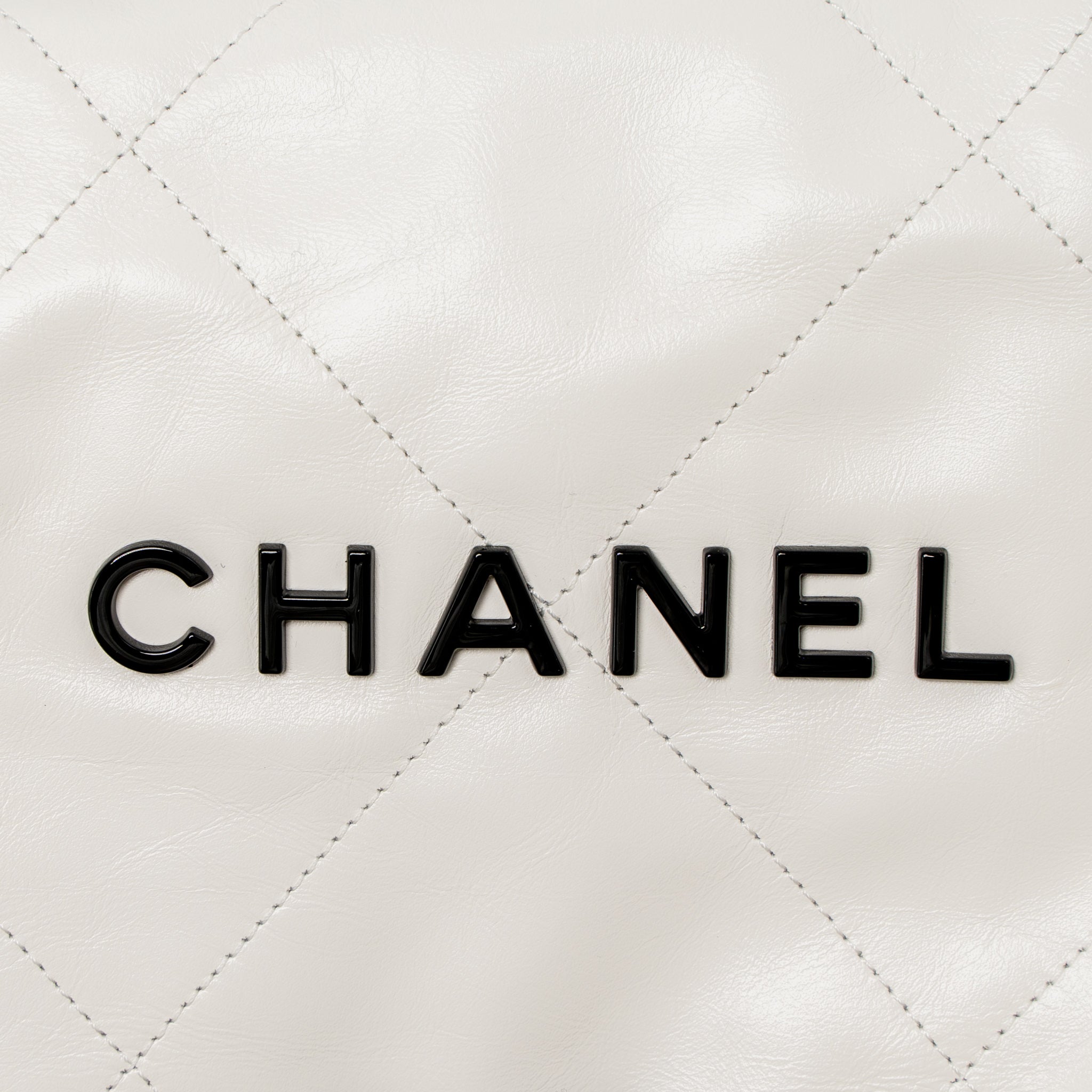 CHANEL SMALL 22 BAG BLACK LETTER SHINY CALFSKIN WHITE BRUSHED GHW (MICROCHIP)