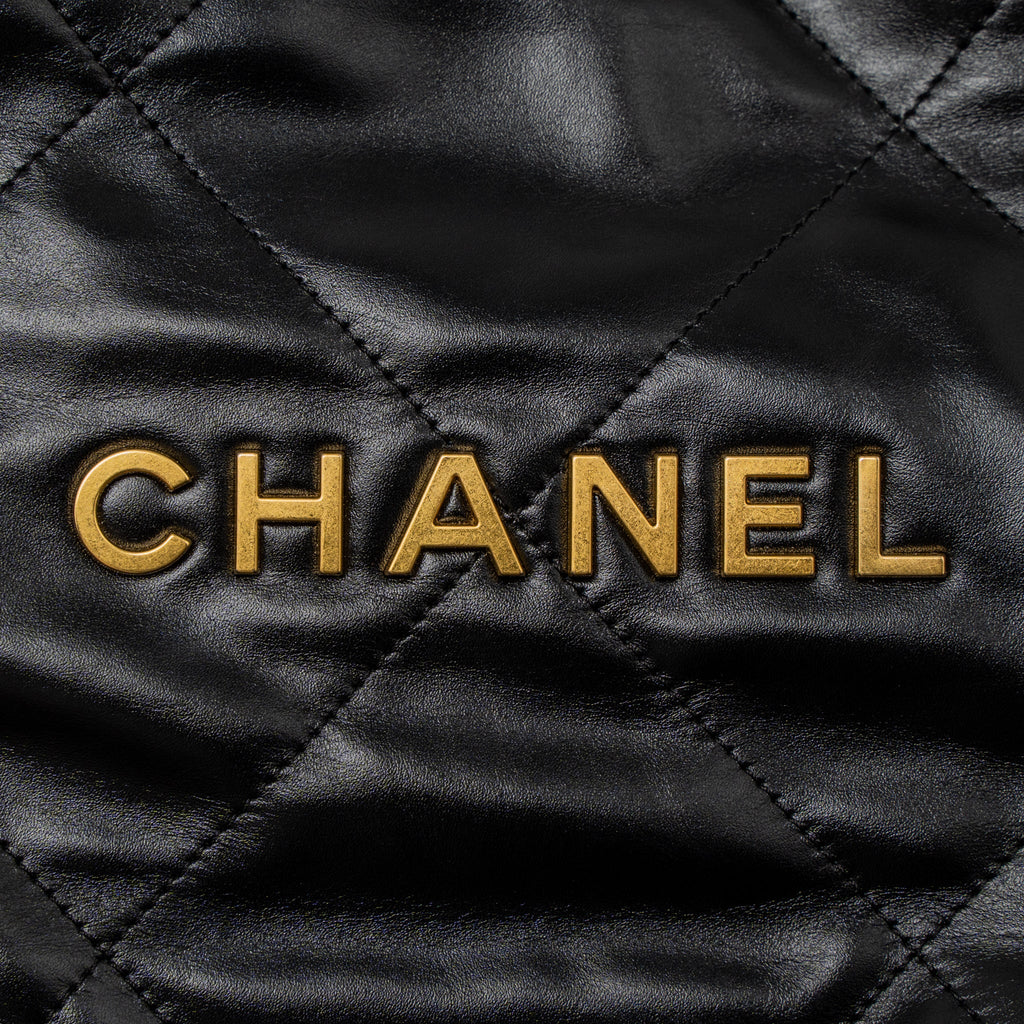CHANEL SMALL 22 BAG GOLD LETTER SHINY CALFSKIN BLACK BRUSHED GHW (MICROCHIP)