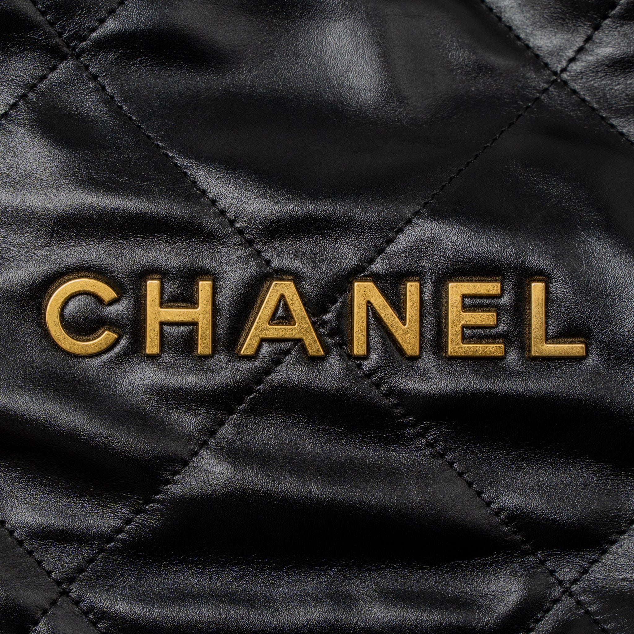 CHANEL SMALL 22 BAG GOLD LETTER SHINY CALFSKIN BLACK BRUSHED GHW (MICROCHIP)