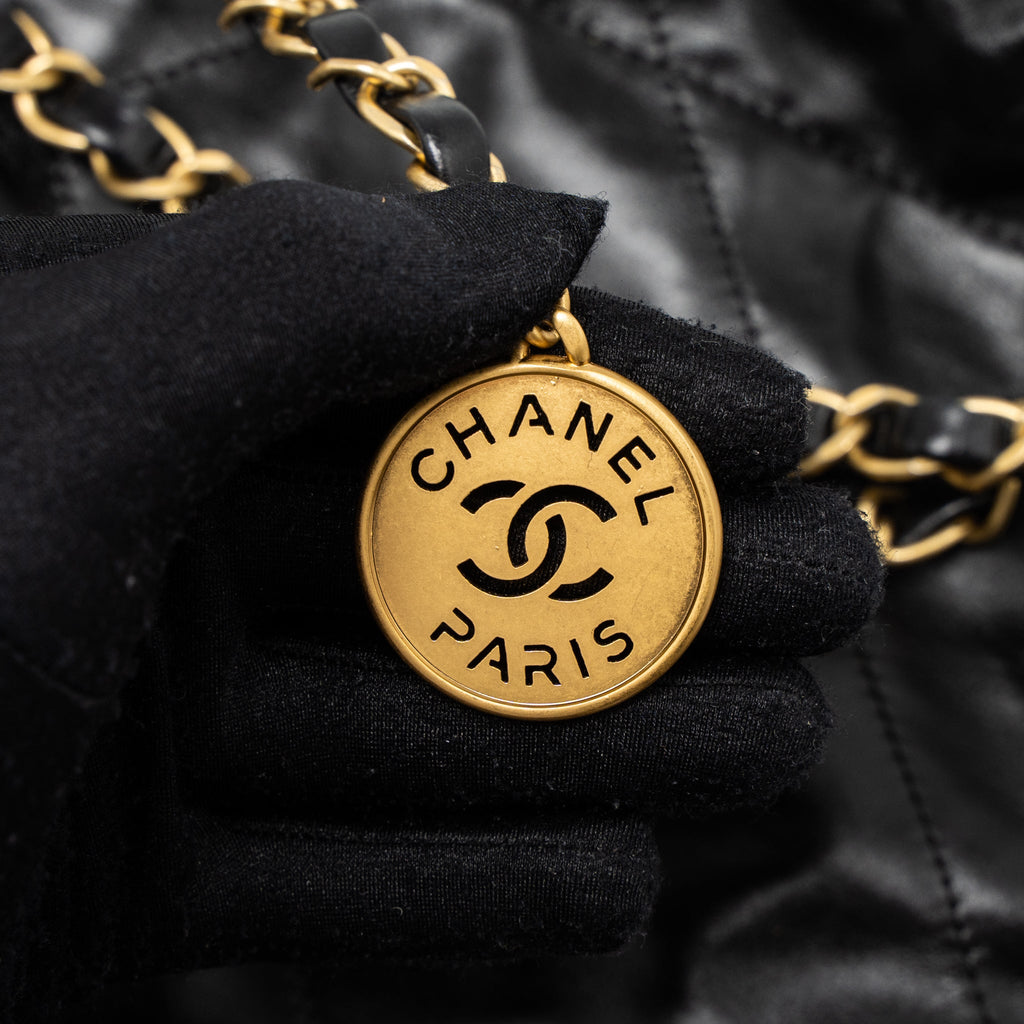 CHANEL SMALL 22 BAG GOLD LETTER SHINY CALFSKIN BLACK BRUSHED GHW (MICROCHIP)