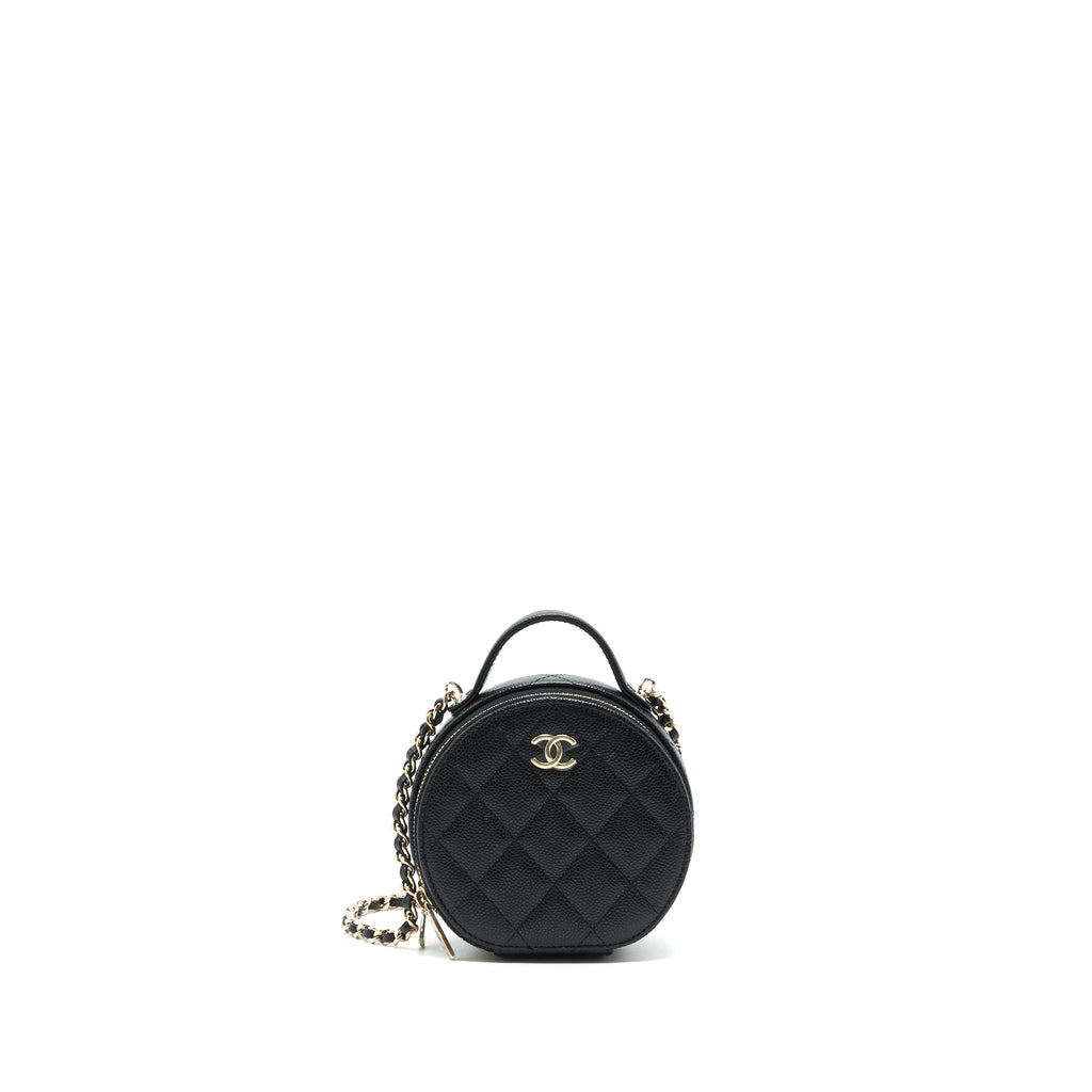 CHANEL 22C TOP HANDLE MINI ROUND VANITY ON CHAIN CAVIAR BLACK LGHW
