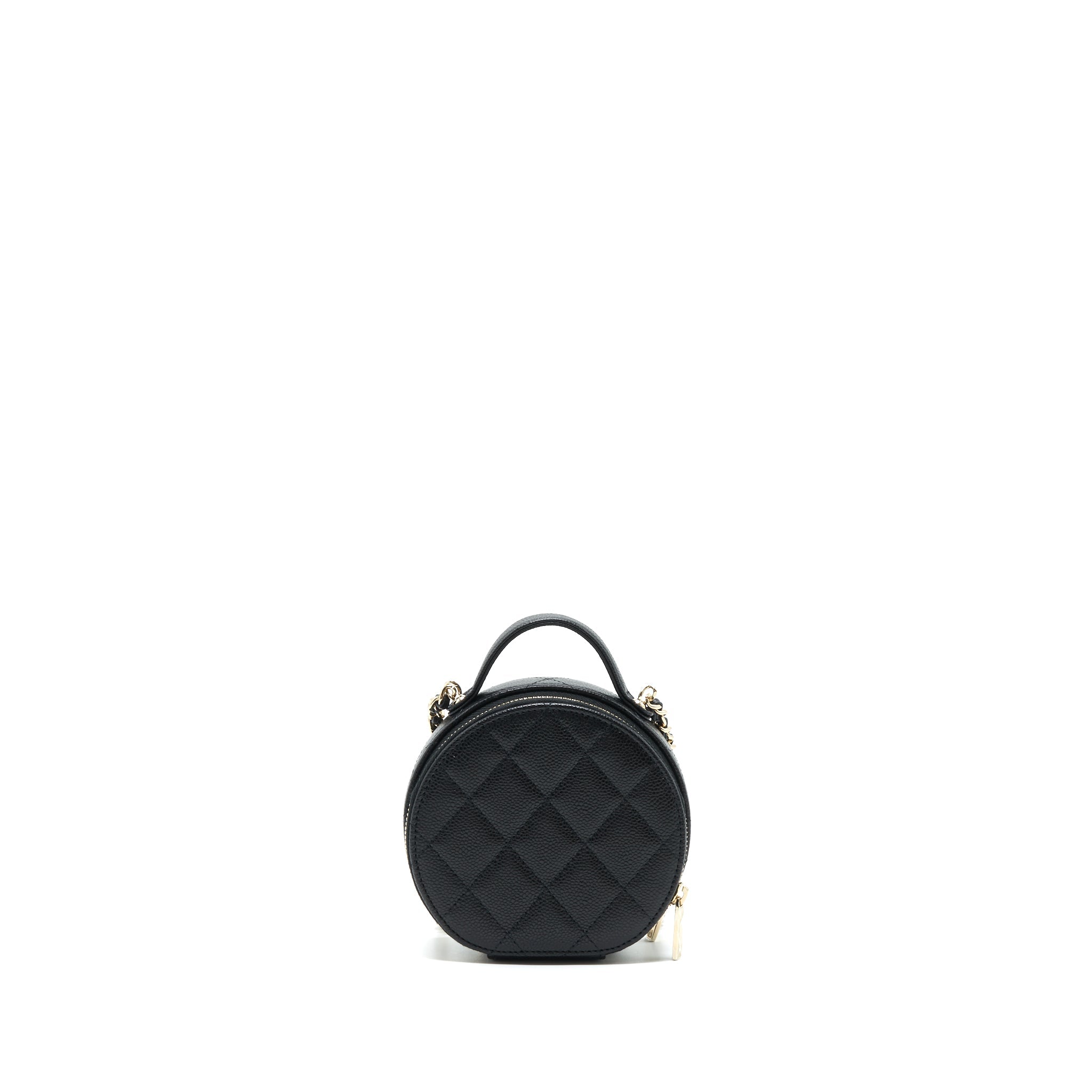 CHANEL 22C TOP HANDLE MINI ROUND VANITY ON CHAIN CAVIAR BLACK LGHW