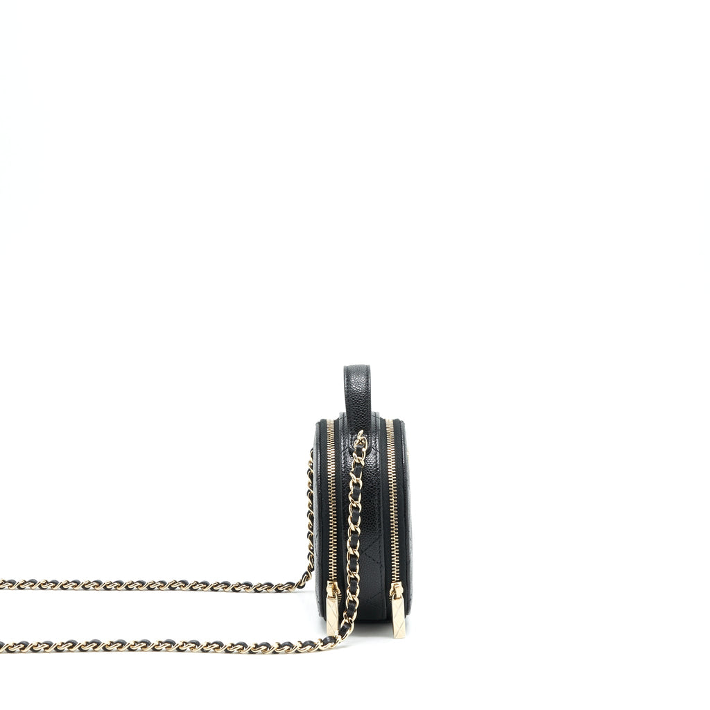 CHANEL 22C TOP HANDLE ROUND VANITY BLACK WITH CHAIN CAVIAR LGHW