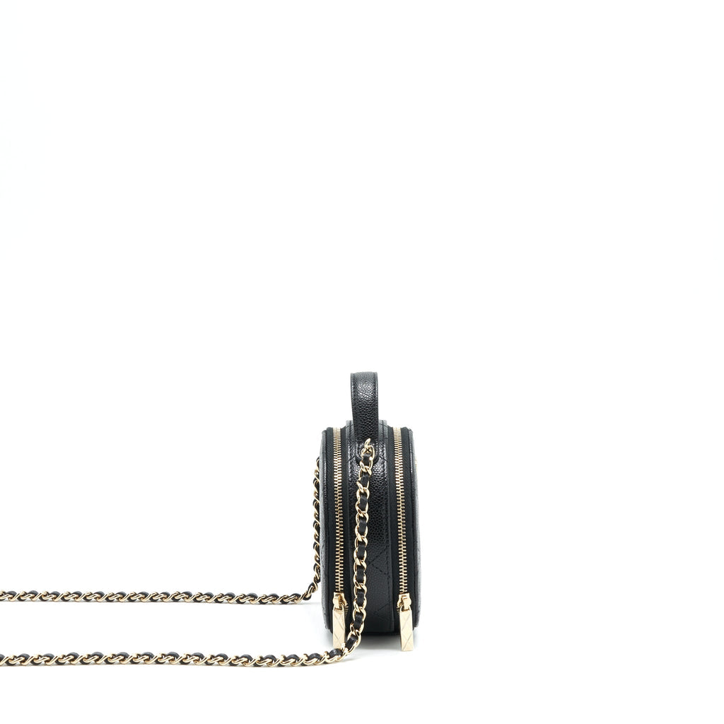 CHANEL 22C TOP HANDLE ROUND VANITY BLACK WITH CHAIN CAVIAR LGHW