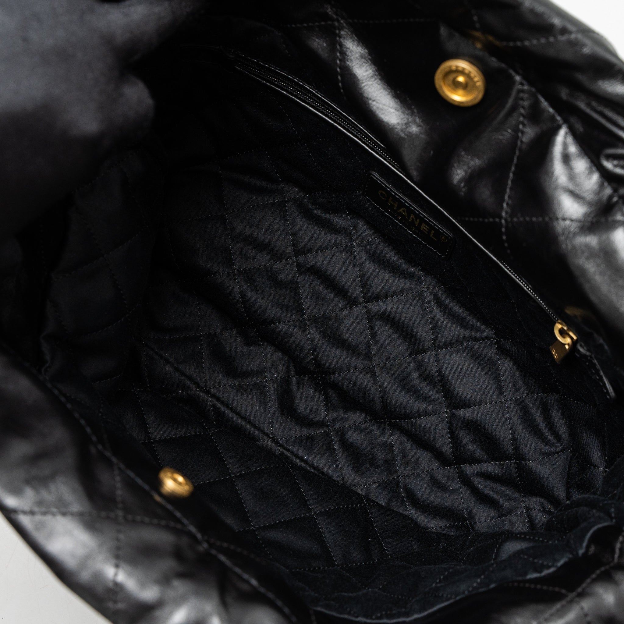 CHANEL SMALL 22 BAG GOLD LETTER SHINY CALFSKIN BLACK BRUSHED GHW (MICROCHIP)