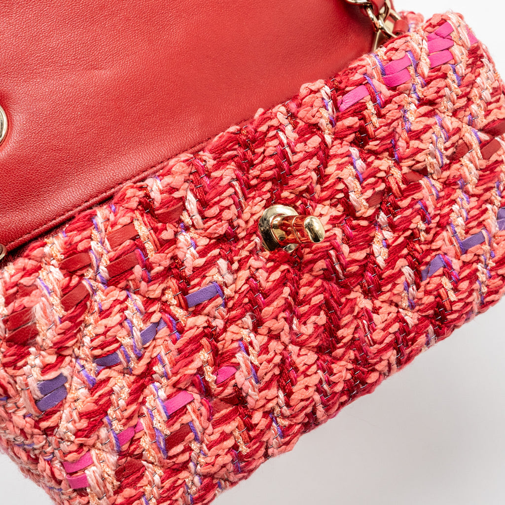 CHANEL MINI RECTANGULAR FLAP BAG TWEED MULTICOLOUR PINK LGHW (MICROCHIP)