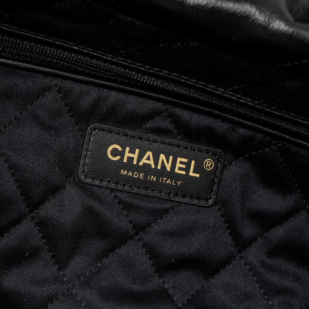 CHANEL SMALL 22 BAG GOLD LETTER SHINY CALFSKIN BLACK BRUSHED GHW (MICROCHIP)