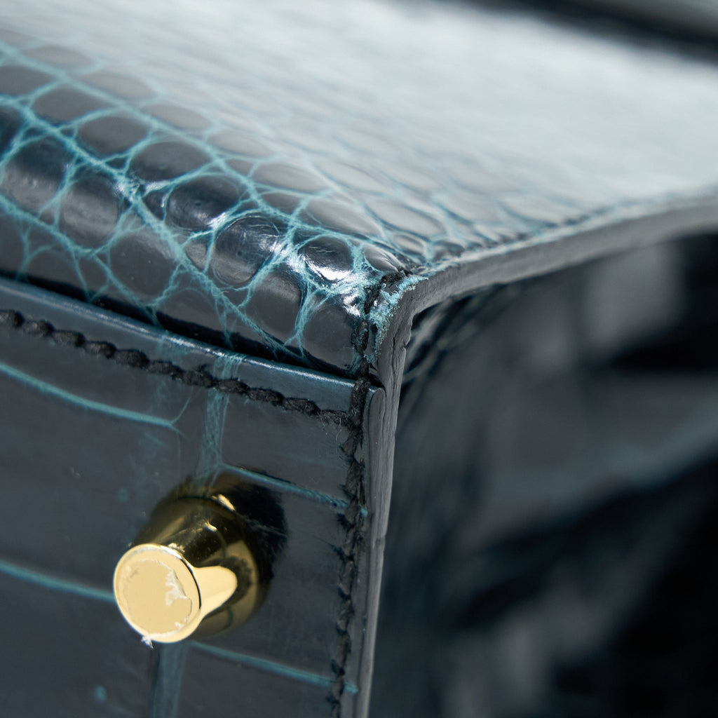 HERMES KELLY 28 CROCODILE POROUS KISSES V0 VERT ROUSSEAU GHW