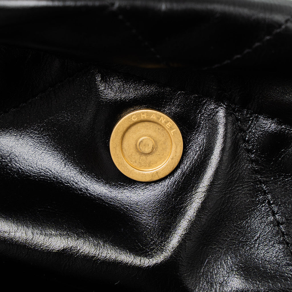 CHANEL SMALL 22 BAG GOLD LETTER SHINY CALFSKIN BLACK BRUSHED GHW (MICROCHIP)