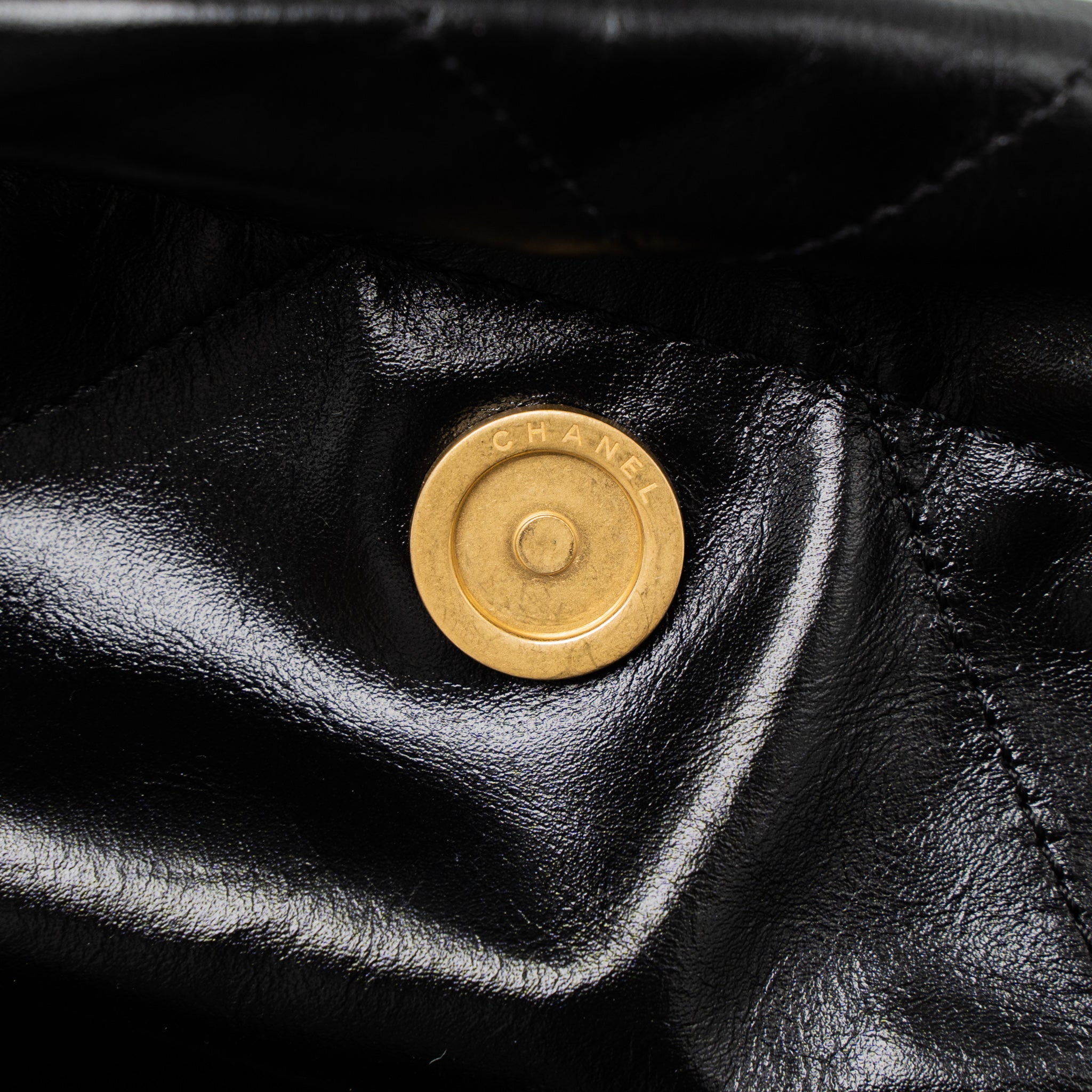 CHANEL SMALL 22 BAG GOLD LETTER SHINY CALFSKIN BLACK BRUSHED GHW (MICROCHIP)