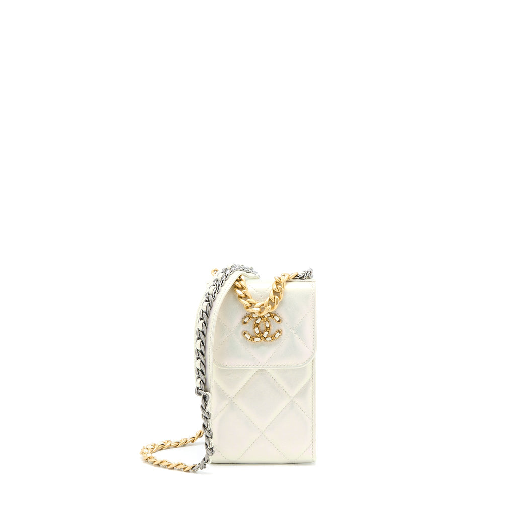CHANEL 19 PHONE POUCH WITH CHAIN IRIDESCENT WHITE GHW